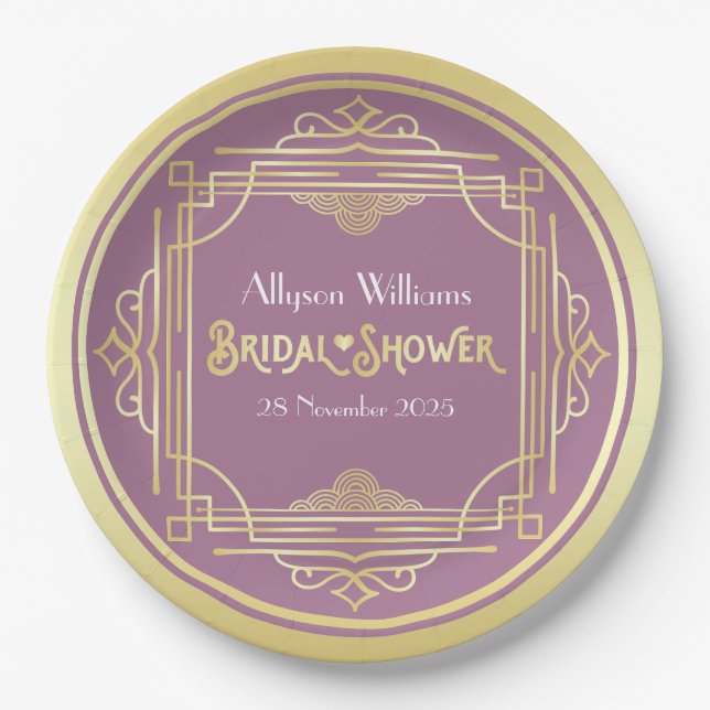 Art Deco Bridal Shower Elegant Gold Lilac Retro Paper Plates (Front)