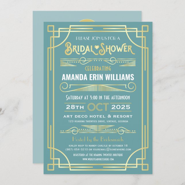 Art Deco Bridal Shower Elegant Gold Turquoise Invitation (Front/Back)