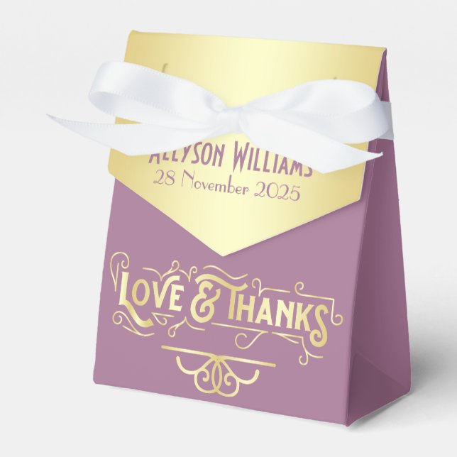 Art Deco Bridal Shower Gold Lilac Love & Thanks Favor Boxes (Front Side)