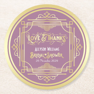 Art Deco Bridal Shower Gold Lilac Love & Thanks Round Paper Coaster