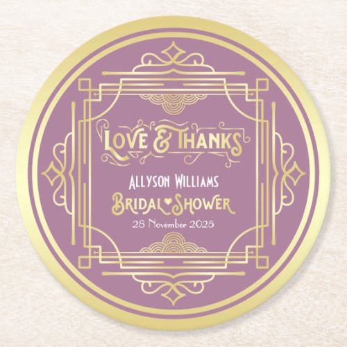 Art Deco Bridal Shower Gold Lilac Love  Thanks Round Paper Coaster