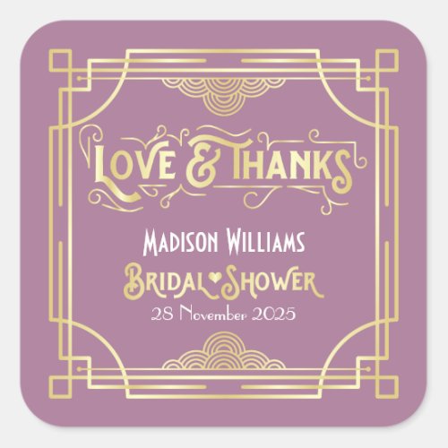 Art Deco Bridal Shower Gold Lilac Love  Thanks Square Sticker