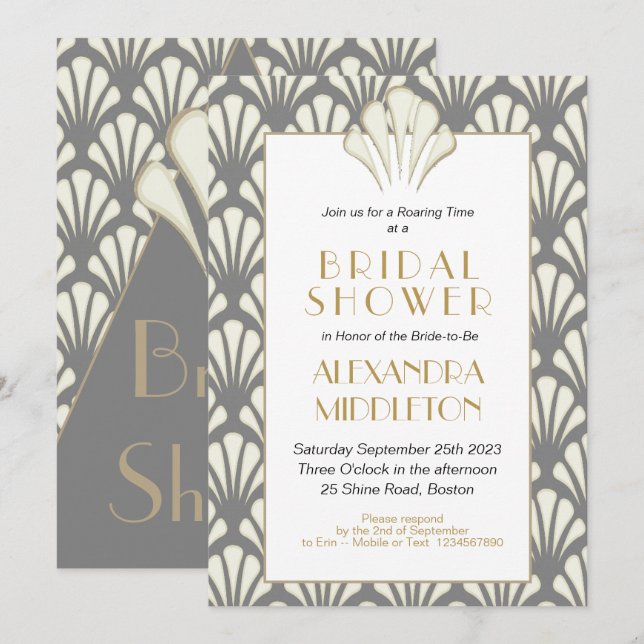 Art Deco Bridal Shower Grey  Gold Vintage Invitation (Front/Back)