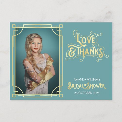 Art Deco Bridal Shower Love Thanks Turquoise Photo Postcard
