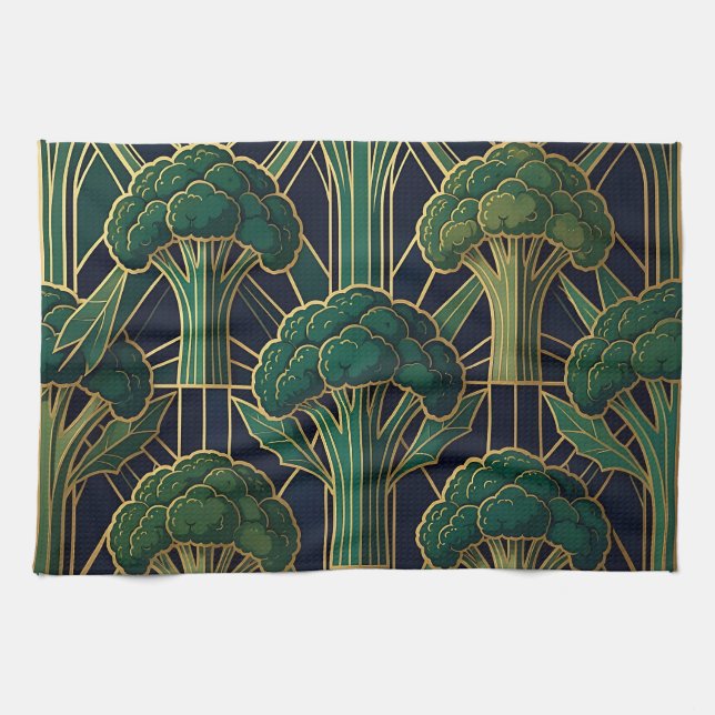 Art Deco Broccoli Pattern Kitchen Towel (Horizontal)