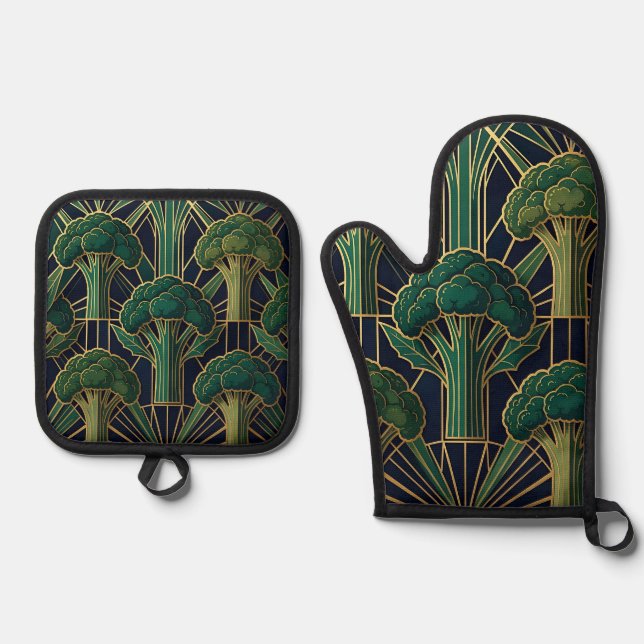 Art Deco Broccoli Pattern Oven Mitt & Pot Holder Set (Front)