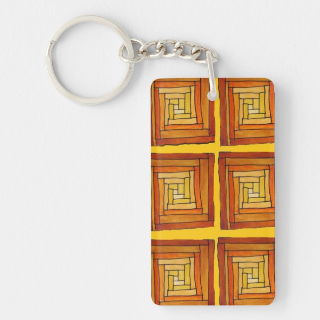 Art Deco brown and yellow square pattern Keychain (Front)
