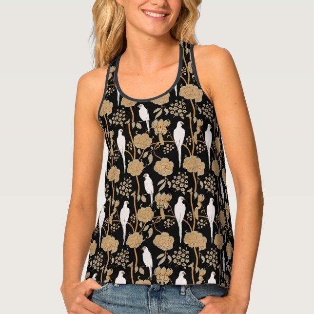 ART DECO BROWN FLOWERS,WHITE PARROTS, Black Tank Top (Front)