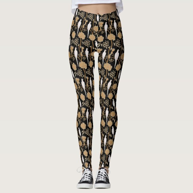 ART DECO BROWN FLOWERS,WHITE PARROTS ON BLACK LEGGINGS (Front)