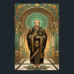 Art Deco Buddhist Monk Lotus Meditation Gold Teal  Poster<br><div class="desc">Embrace serenity and sophisticated style with this breathtaking Art Deco illustration of a Buddhist monk in a tranquil meditation pose. The monk is dressed in intricate, geometric black and gold robes, holding a delicate lotus flower. Set against a radiant sunburst mandala and framed by grand, ornate teal and gold arches,...</div>
