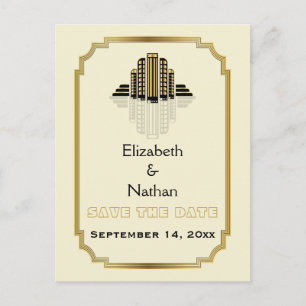 Art Deco building black gold wedding Save the Date Announcement Postcard