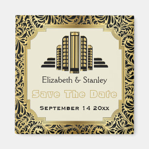 Art Deco building black gold wedding Save the Date Magnet