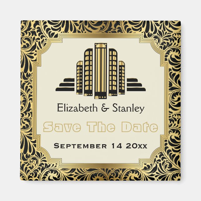 Art Deco building black gold wedding Save the Date Magnet (Front)