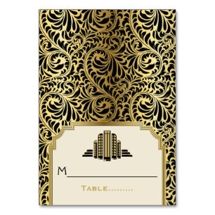 Art Deco buildings black, gold wedding place card
