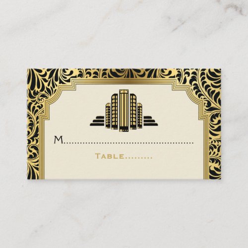 Art Deco buildings black gold wedding place card