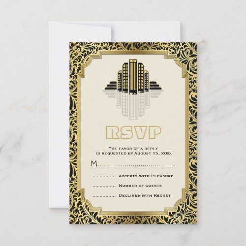 Art Deco buildings black gold wedding RSVP