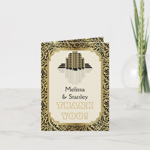 Art Deco buildings black gold wedding Thank You