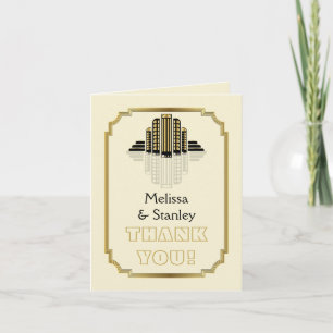 Art Deco buildings black, gold wedding Thank You Card