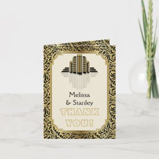 Art Deco buildings black, gold wedding Thank You Card