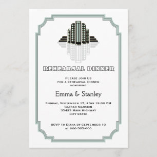 Art Deco buildings mint wedding rehearsal dinner Invitation