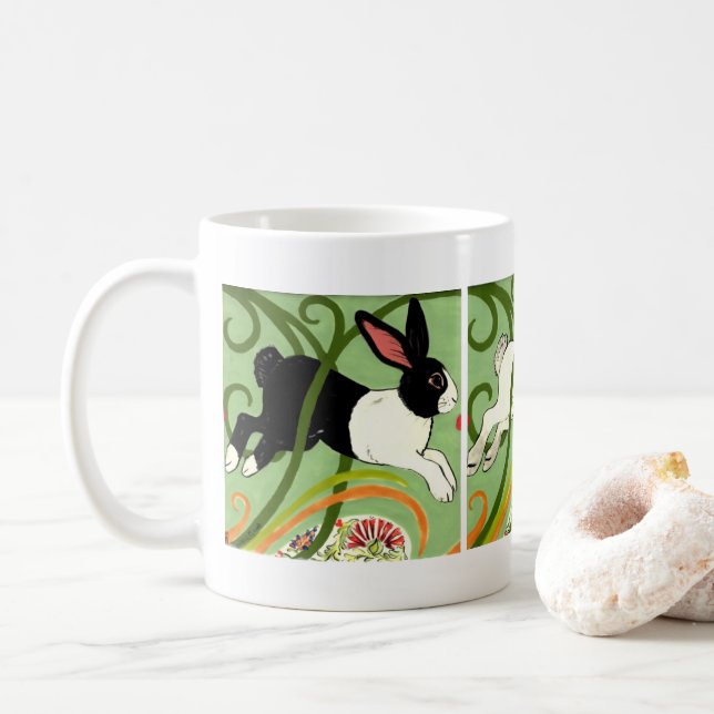 Art Deco Bunny Rabbit Dutch Gray White Green Coffee Mug (With Donut)