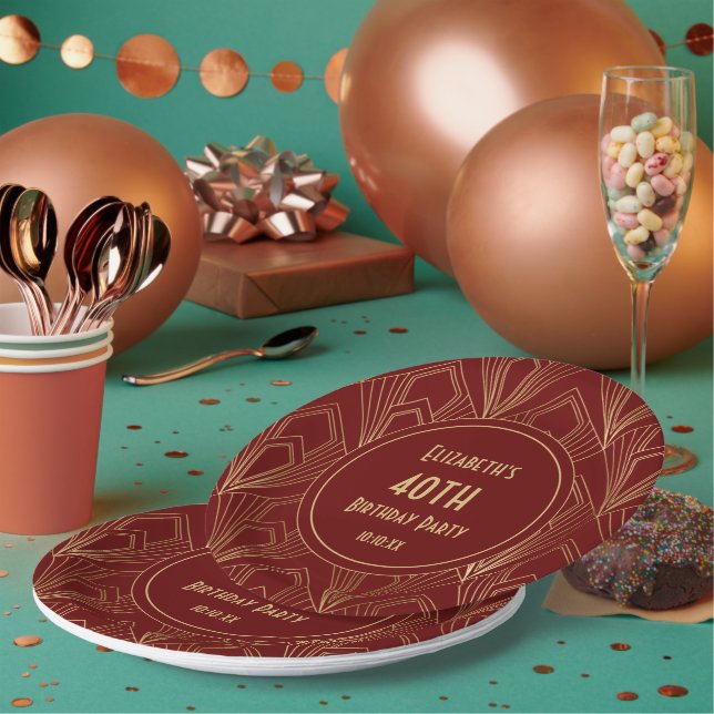 Art Deco Burgundy & Gold 40th Birthday Party   Paper Plates (Multi)