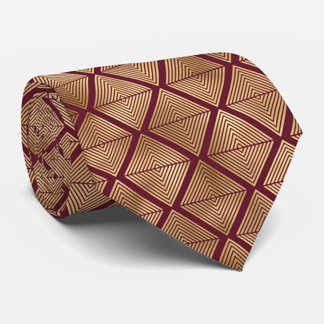 art deco Burgundy gold tiled pattern Neck Tie (Rolled)