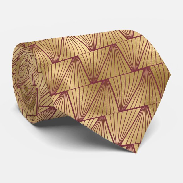 art deco Burgundy gold tiled pattern Neck Tie (Rolled)
