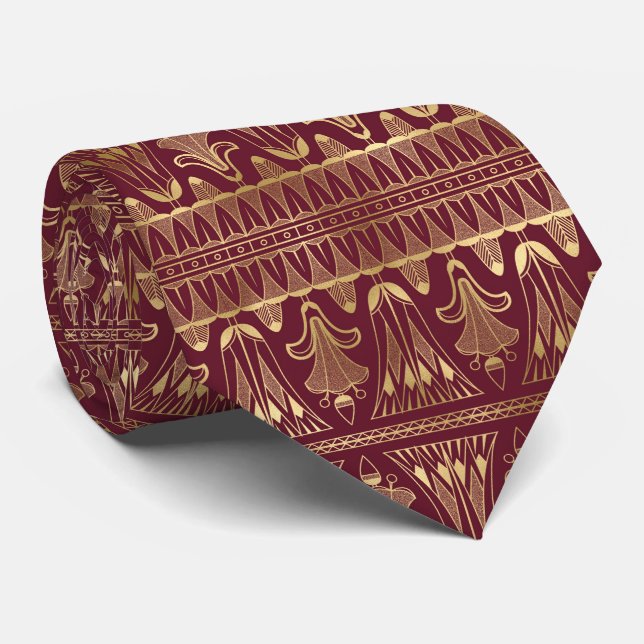 art deco Burgundy gold tiled pattern Neck Tie (Rolled)