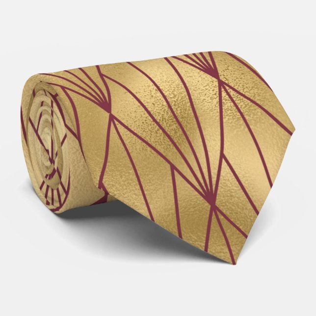 art deco Burgundy gold tiled pattern Neck Tie (Rolled)
