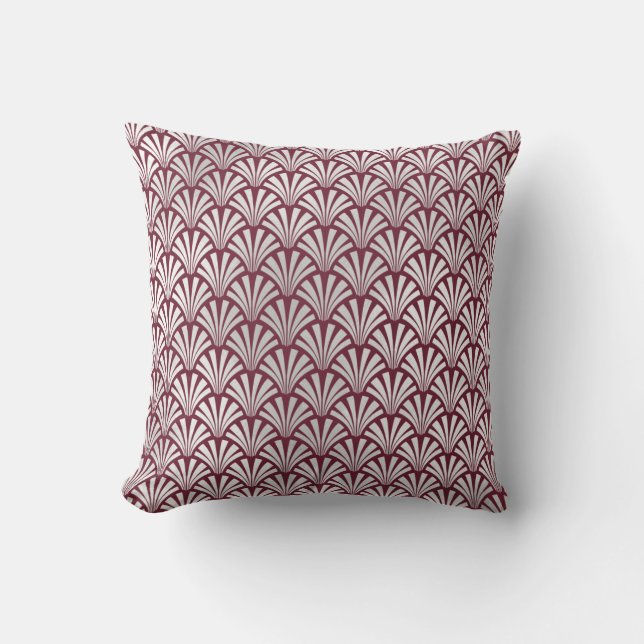 Art Deco Burgundy  Silver Gray Scales Seashells Throw Pillow (Front)