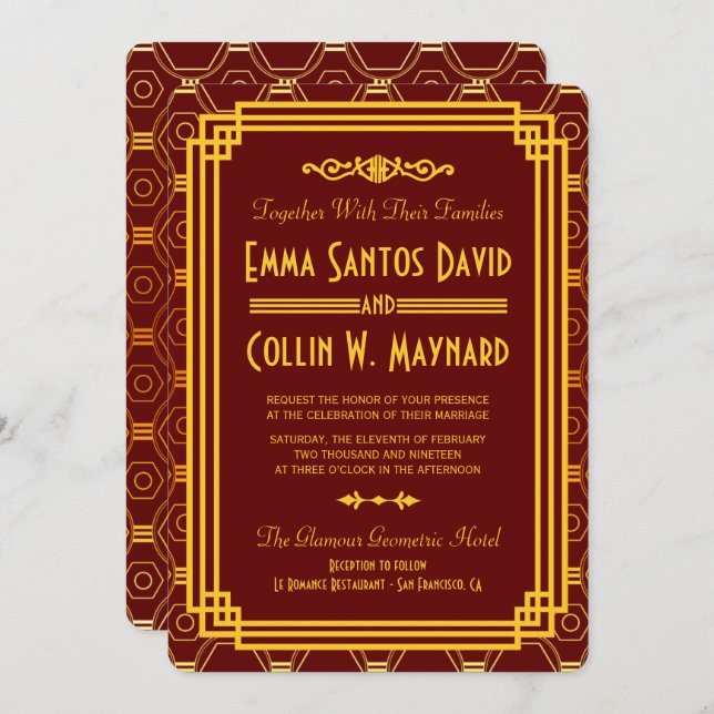 Art Deco Burgundy Wedding Invites (Front/Back)