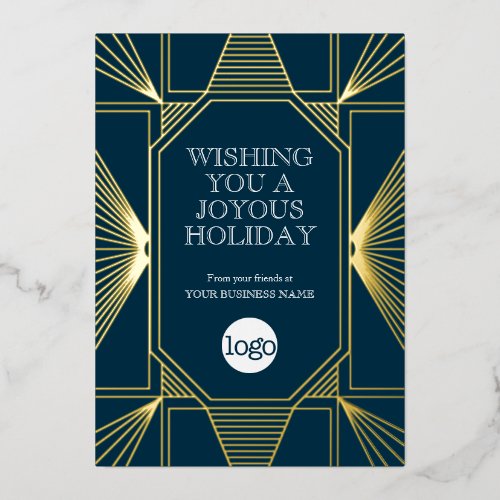 Art Deco Business Christmas Greeting Navy Blue Foil Holiday Card