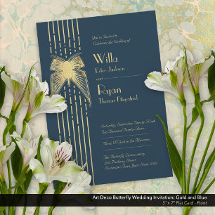 Art Deco Butterfly Blue and Gold Wedding Invitation