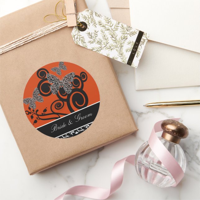 Art Deco Butterfly Bride and Groom  Classic Round Sticker (Gifting)