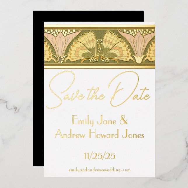 Art Deco Butterfly Calla Lily Save the Date Foil Invitation (Front/Back)