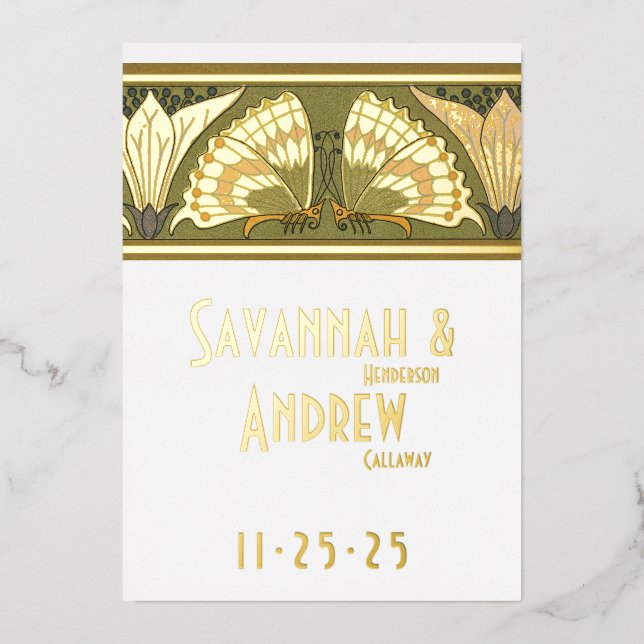 Art Deco Butterfly Calla Lily Save the Date Foil Invitation (Front)