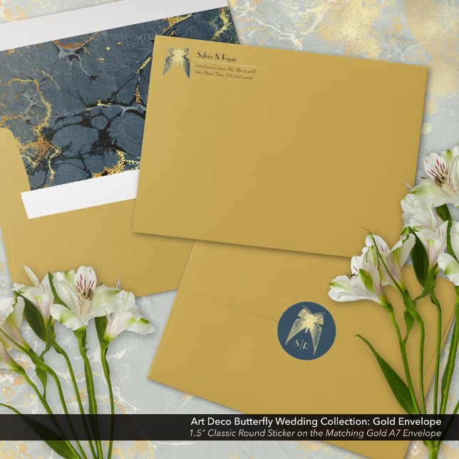Art Deco Butterfly Gold Wedding  Envelope (Art Deco Butterfly Blue and Gold Collection Gold Envelope with Monogram Sticker)