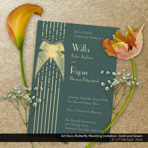 Art Deco Butterfly Green and Gold Wedding  Invitation