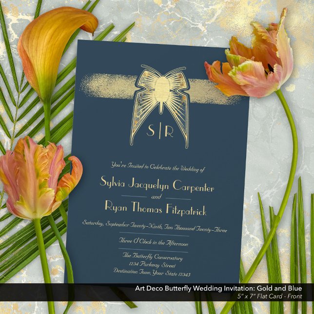 Art Deco Butterfly Monogram Blue and Gold Wedding  Invitation (Art Deco Butterfly Monogram Blue and Gold Wedding Invitation - Front)