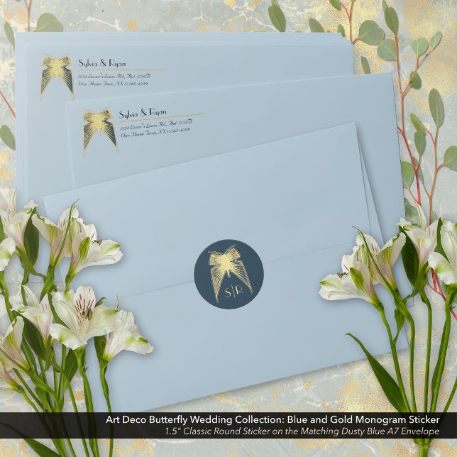 Art Deco Butterfly Monogram Blue Gold Classic Round Sticker (Art Deco Butterfly Blue and Gold Monogram Round Sticker on the Dusty Blue Envelope.)