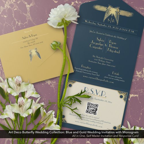 Art Deco Butterfly Monogram Blue Gold Wedding All In One Invitation
