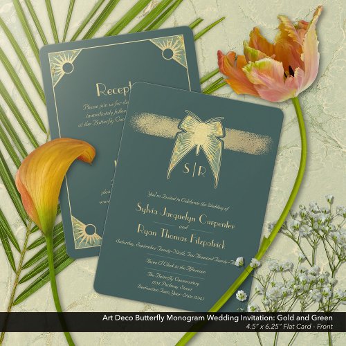 Art Deco Butterfly Monogram Green Gold Wedding  Invitation