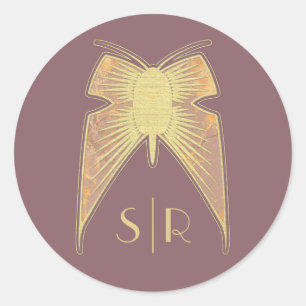 Art Deco Butterfly Monogram Pink Gold Classic Round Sticker