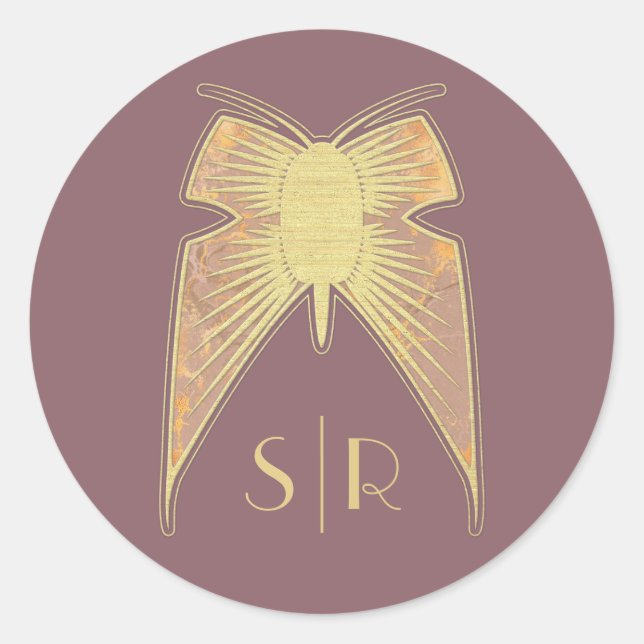 Art Deco Butterfly Monogram Pink Gold Classic Round Sticker (Front)