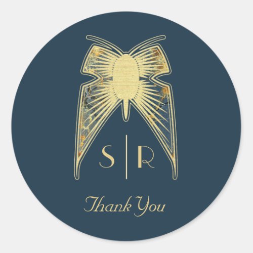 Art Deco Butterfly Monogram Thank You Classic Round Sticker