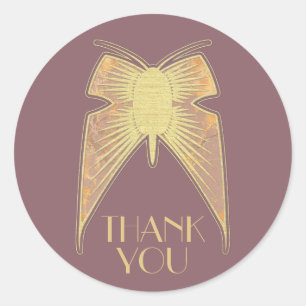 Art Deco Butterfly Pink Gold "Thank You" Classic Round Sticker