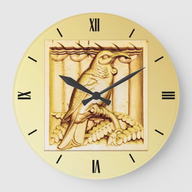 Art Deco carved stone falcon - gold Large Clock (Front)