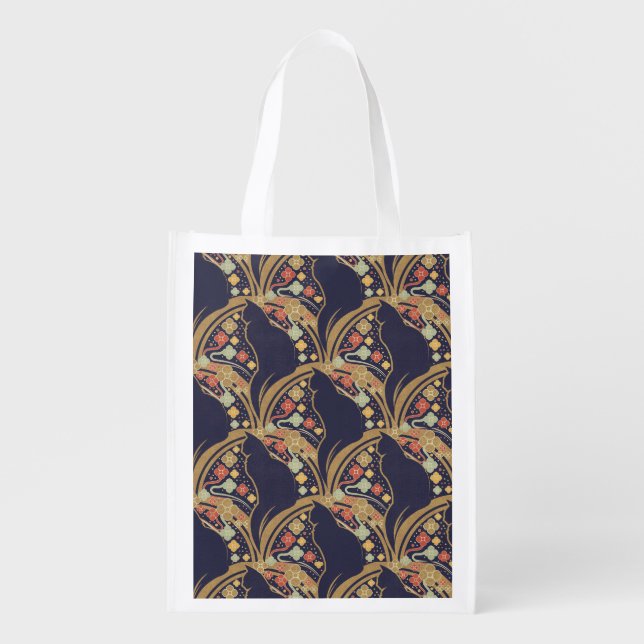 Art Deco Cat Floral Pattern Grocery Bag (Front)