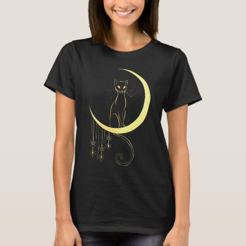 Art Deco Cat on Moon T_Shirt